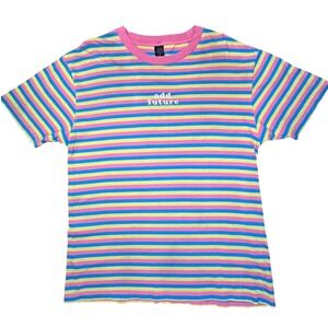 Odd Future Striped T-Shirt Mens Large Pink Blue Yellow Embroidered Logo Tee